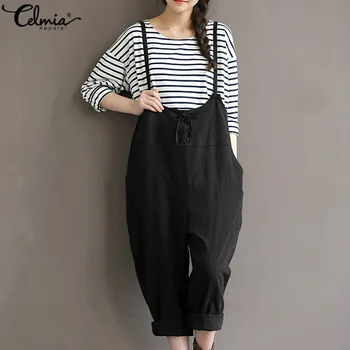 

Celmia Plus Size Long Rompers Vintage Women Cotton Linen Jumpsuits 2020 Summer Dungarees Strapless Harem Pants Playsuit Overalls