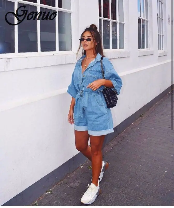 Women Summer Clothing Overalls High Waist Slim Jeans BF Loose Leg Jumpers Lapel Pocket Shorts Jumpsuit Denim Casual Streetwear Women Summer Clothing Overalls High Waist Slim Jeans BF Loose Leg Jumpers Lapel Pocket Shorts Jumpsuit Denim Casual Streetwear