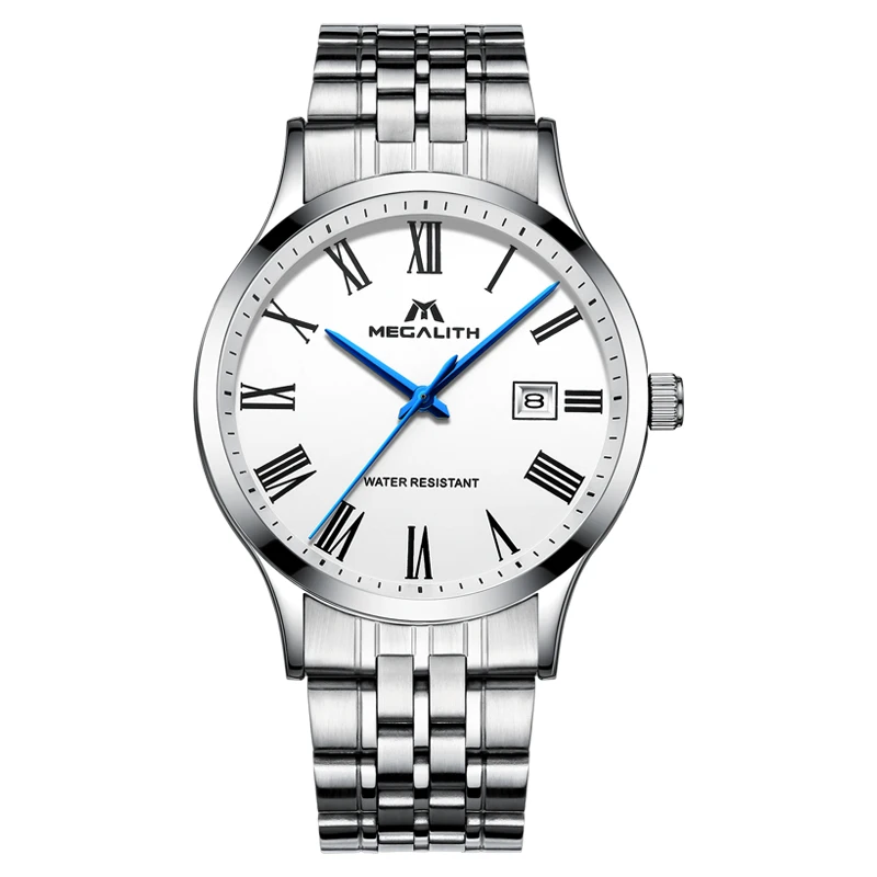 

MEGALITH Top Brand Quartz Wrist Watches For Mens Waterproof Date Analogue Sliver Stainless Steel Watches Mens Clock Reloj Hombre