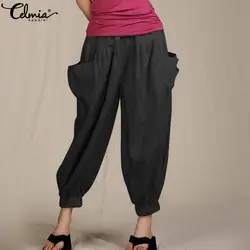 Celmia Для женщин Высокая талия эластичные Винтаж хлопковые льняные брюки 2019 Повседневное большими карманами женские летние брюки плюс