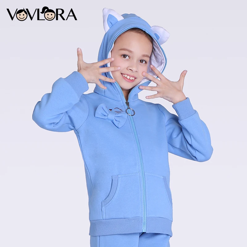 

Kids winter jackets baby girls fleece coat warm hoodie zipper long sleeve knitted pockets cat ears new 2017 size 4 5 6 7 8 years