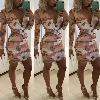 

Summer New Women Long Sleeve Bandage Printed Skirt V Neck Bodycon Evening Party Club Short Mini Skirt Fashion Plus Size