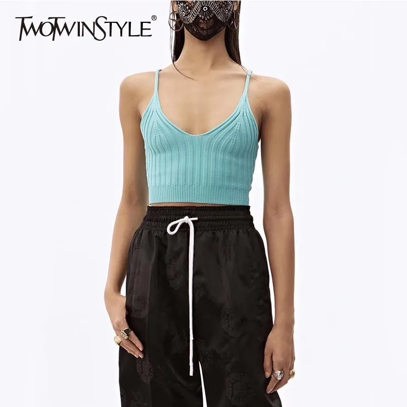 

TWOTWINSTYLE Spring Strap Sleeveless Women V Neck Off Shoulder Short Length Slim Vest Female Clothing Sexy Fashion New 2019