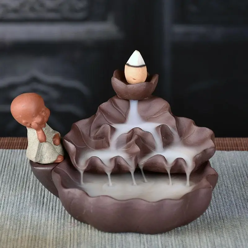 

Backflow Incense Burner Ceramic Little Monk Stick Incense Holder Smoke Waterfall Aromatherapy Buddha Censer Use In Home Office