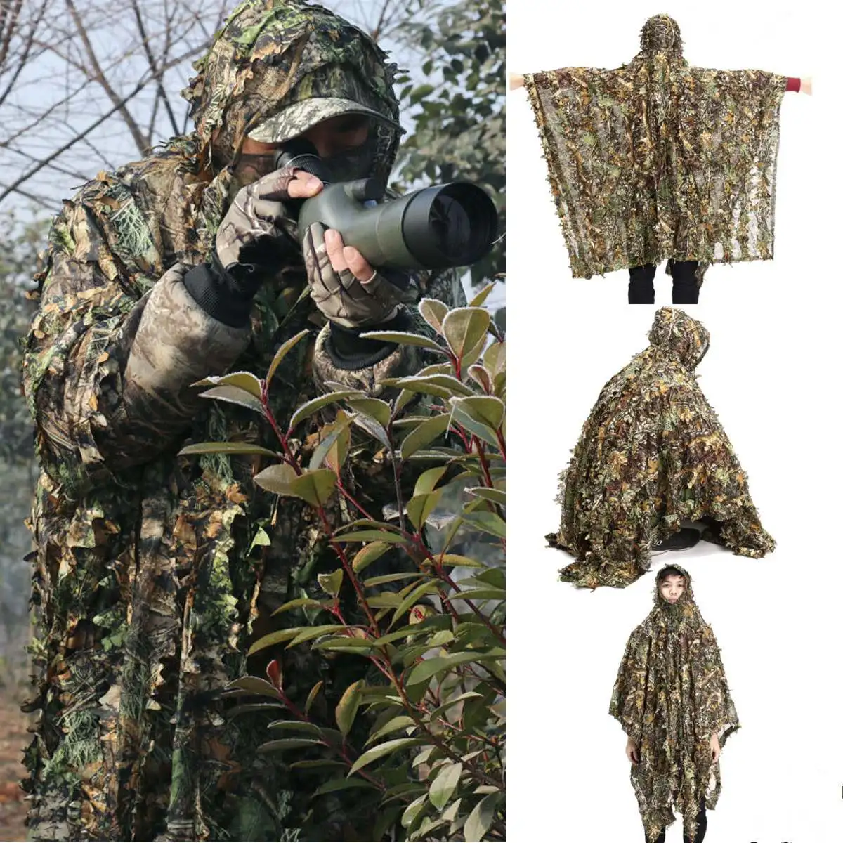 

Outdoor 3D Leaves Camouflage Ghillie Poncho Camo Cape Cloak Stealth Ghillie Suit Military CS Woodland Hunting Clothing Free Size