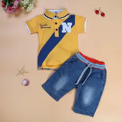 Джинсовый костюм для мальчиков, оптовая продажа, футболка с короткими рукавами и отворотами + шорты, детская одежда