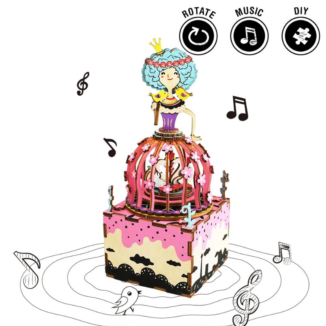 

Assembled Model Wooden Little Princess Theme Shape 3D Puzzle Building Blocks DIY Swan Inside Music Box Stem Toys for Wedding