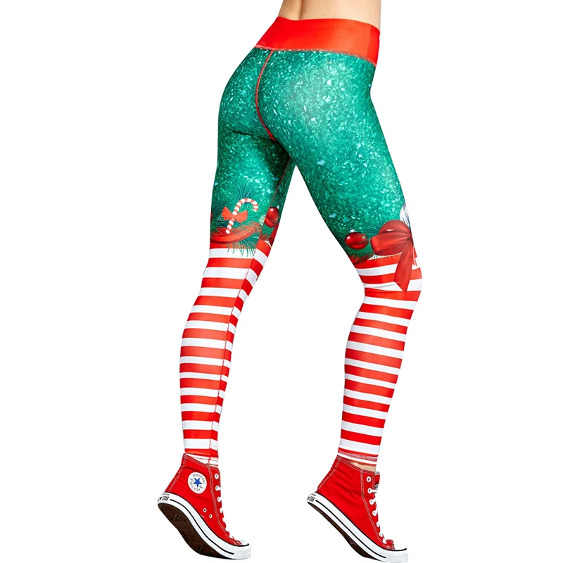 CHRLEISURE Christmas striped leggings women Green Red Merry Christmas