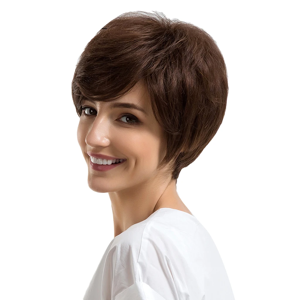 

Chic Short Wigs for Women Human Hair w/ Bangs Fluffy Pixie Cut Wig Brown