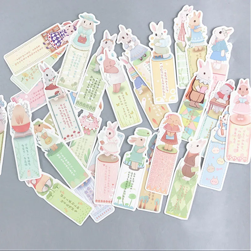 

30Pcs/Box Cartoon Rabbit Bookmark Watercolor Cute Paper Book Marks For Girls Gift Back To School Supplies Korean Stationery