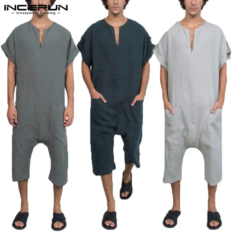 INCERUN 2019 Rompers Mens Jumpers Fashion Jumpsuits V Neck Muslim