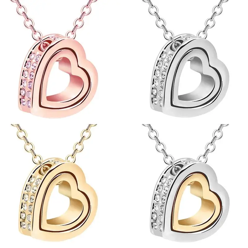 

Pendant Necklace Women Rhinestone Inlay Alloy Double Heart Shaped Pendant Short Pendant Necklace Decoration Accessories Newly