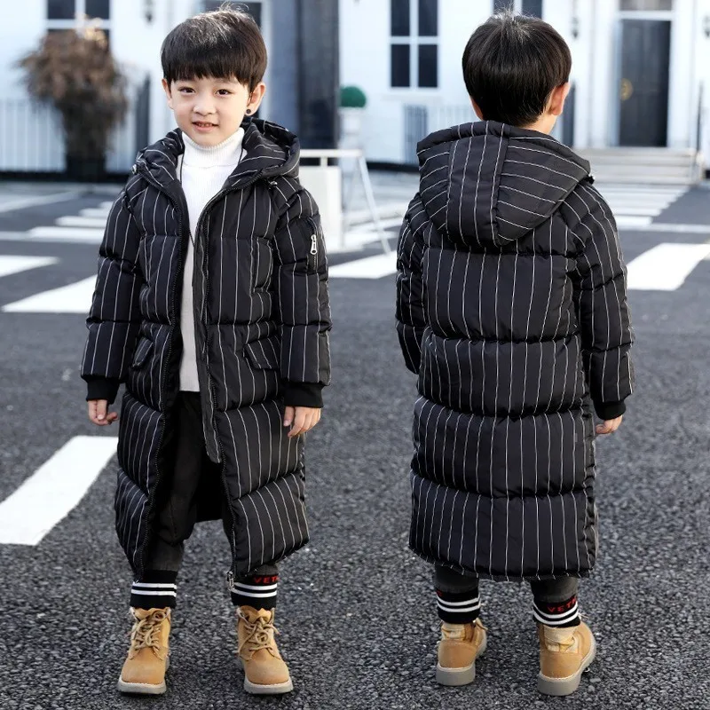 

black striped long hooded padded boys winter parkas clothing kid cotton thick long sleeve jacket clothes children outerwear tops
