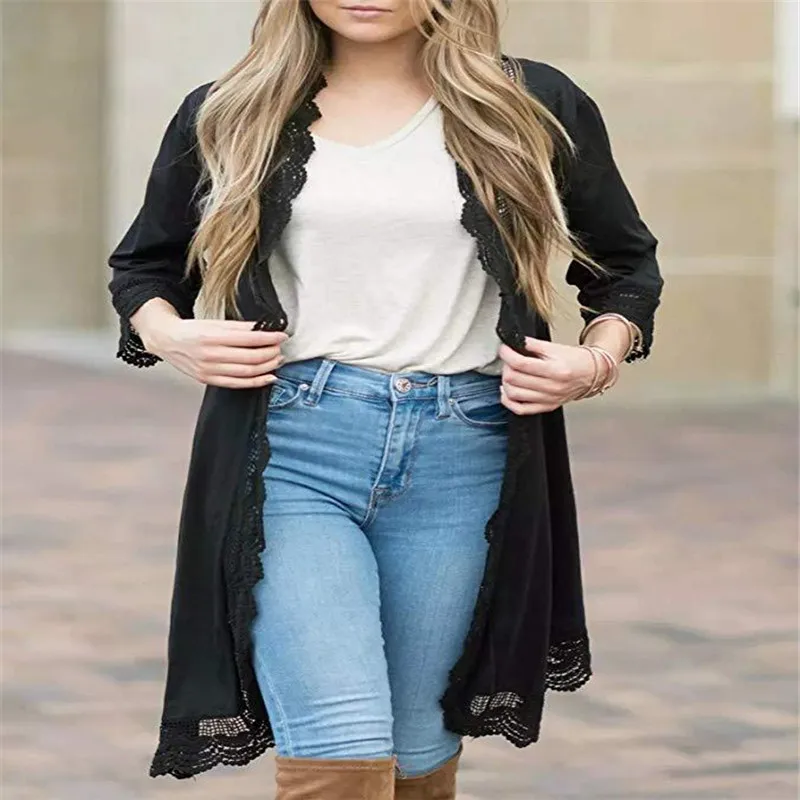 

Women Casual Vintage Kimono Cardigan Ladies Summer Long Floral Lace Crochet Chiffon Kimono Preto Loose Blouse Tops Black