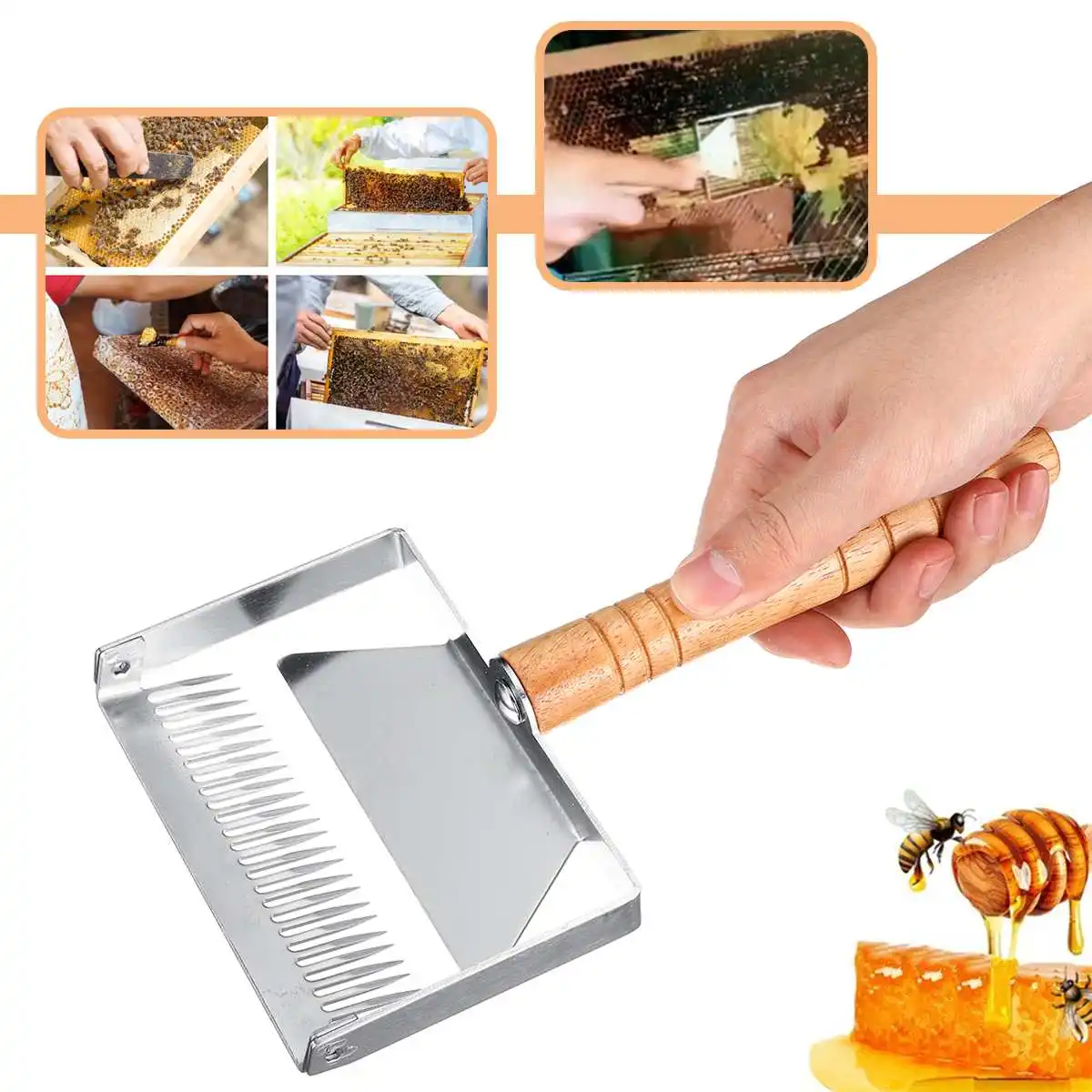 

Stainless Steel Bee Hive Uncapping Honey Scraper Beekeeping Cutter Shovel Tool Wood Handle Less Wastage and Mess 24.5 x 13cm