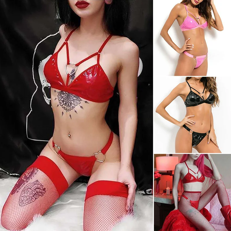 

New Women PVC Underwear Sexy Imitation Patent Leather Mirror Punk Bra+Briefs Women Set