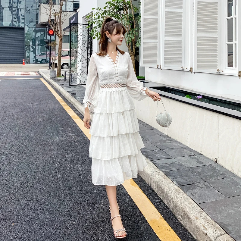 

2019 Women Fashion Summer Elegant Casual Party Dress Runway Sexy Midi Mesh Patchwork Lace Hollow Out Long Sleeve White Dresses
