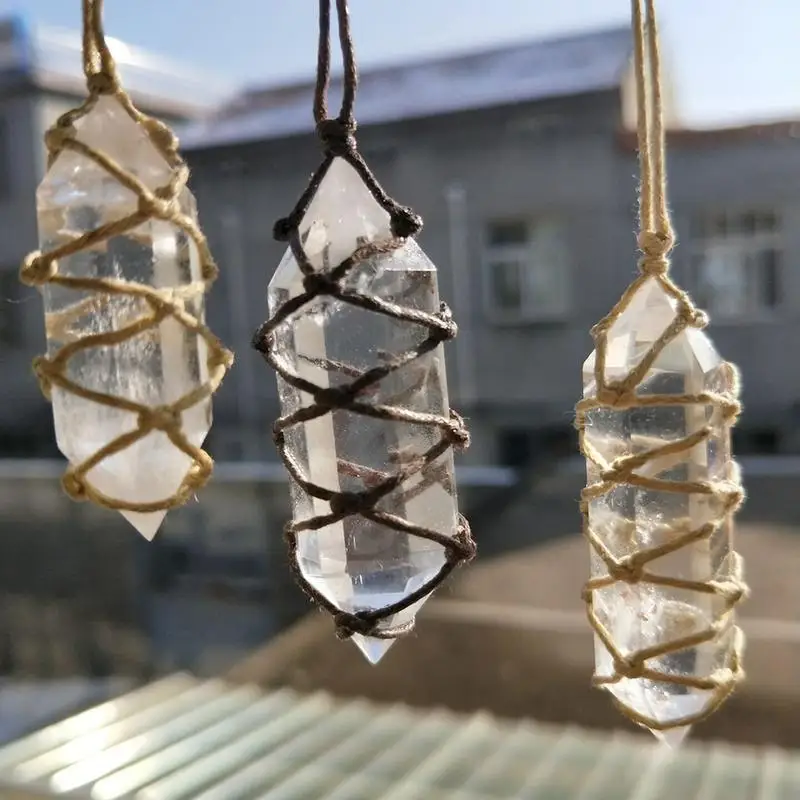 

4-5CM Double-tip White Natural Crystal Pendant Quartz Crystal Stone Healing Hexagonal Wand Treatment Stone With Hand-woven Rope