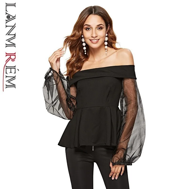 

LANMREM Elegant Off-the-Shoulder Slash Neck Neckline Strapless Organza Lantern Sleeve Rufflees Hem Female Blouse Sexy Shirt YH50