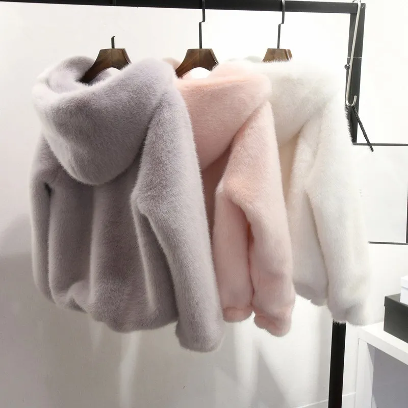 

Women Faux Mink Hooded Coat Autumn Winter Long Sleeve Solid Faux Fur Jacket Women Zipper Warm Faux Fur Outwear