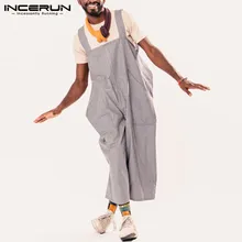 INCERUN, модные полосатые мужские комбинезоны, Комбинезоны на лямках с карманами, повседневные брюки, уличная одежда, свободные широкие штаны, Комбинезоны для мужчин и женщин