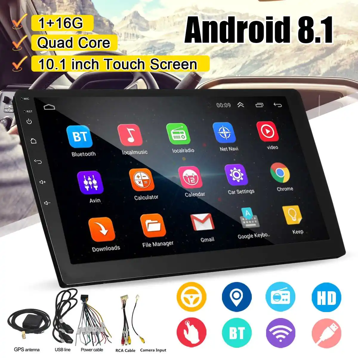 

10.1 Inch Android 8.1 Quad Core 1+16G Car Multimedia Player Car Stereo 2DIN bluetooth WIFI GPS Nav Radio Video MP5 Player