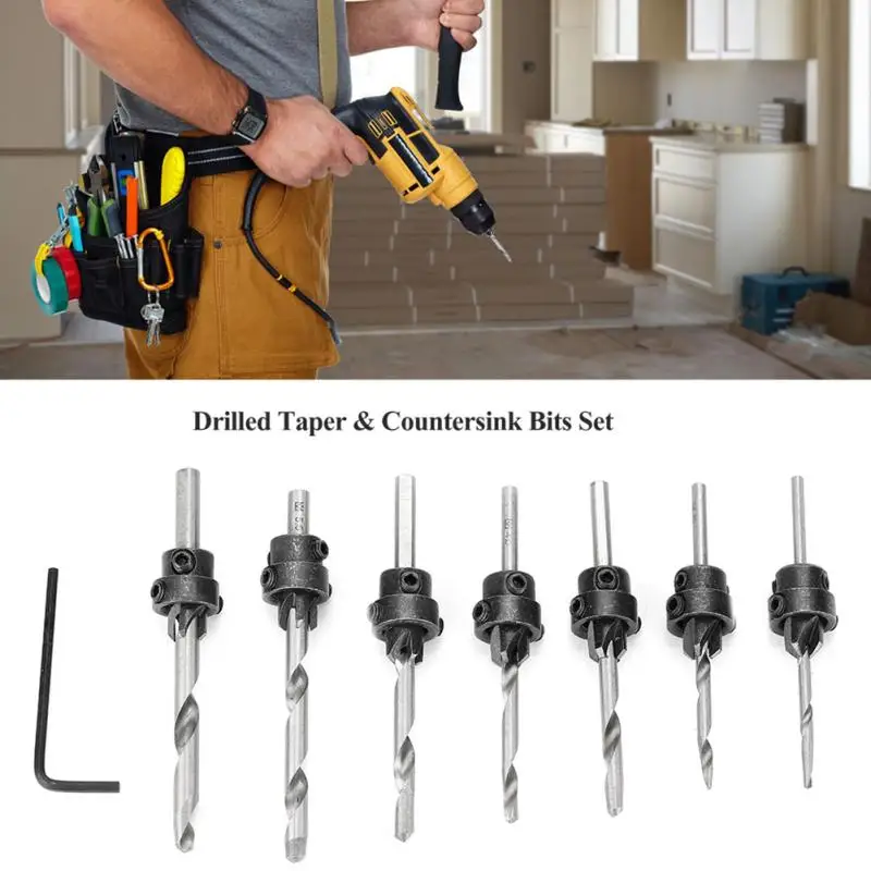 7pcs Tapered Drill Countersink Bit Wood Pilot Hole Tapered Drill Bit Stop Collar Key Wood Pilot