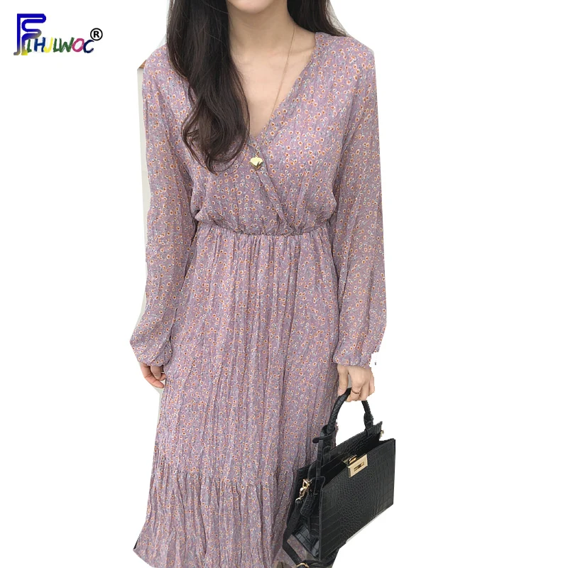 Женское винтажное платье с V образным вырезом длинное приталенное цветочным