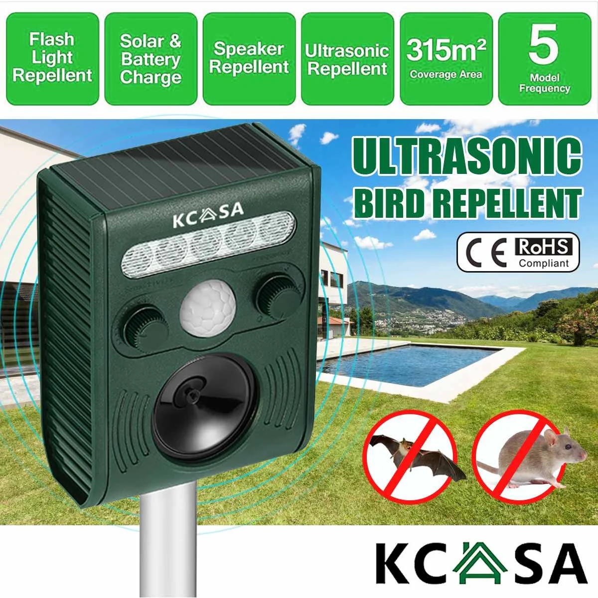 

Waterproof Garden Ultrasonic PIR Sensor Solar-powered Ultrasonic Animal Dispeller with Sound Strong Flashlight Dog Repeller