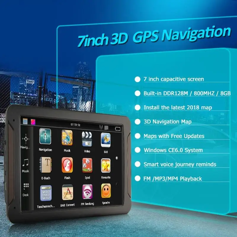 7 pulgadas HD coche GPS navegación pantalla táctil consola 2018 último mapa vehículo camión GPS navegación automóvil FM 7 pulgadas HD coche GPS navegación pantalla táctil consola 2018 último mapa vehículo camión GPS navegación automóvil FM