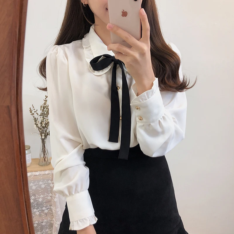 Chiffon Blouses Shirts New Hot Sales Preppy Style Girls Bow Tie Tops Cute Sweet Korean Temperament