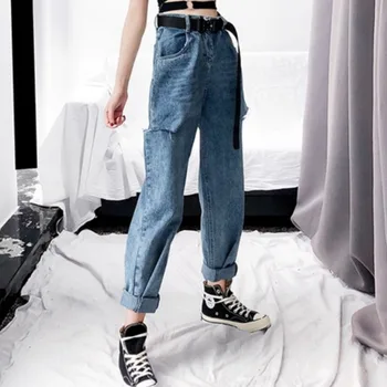 

Fashion Side Frayed Holes High Waist Streetwear Denim Pants Hip Hop Vintage Women Straight Loose Jeans