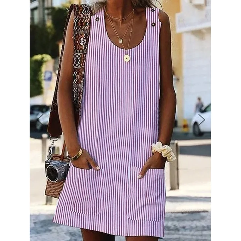 

Plus Size Pink Casual Dress Summer 2019 New Women Striped Loose Short Dresses Ladies Sleeveless Pocket Summer Dress 3XL 4XL 5XL