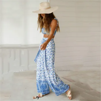 

Summer Beachwear For Women Floral Clothes Sets Vacation Vest Tank Top Wide Leg Pants Lacing Up Print Outwear 2pcs Bathing Suits
