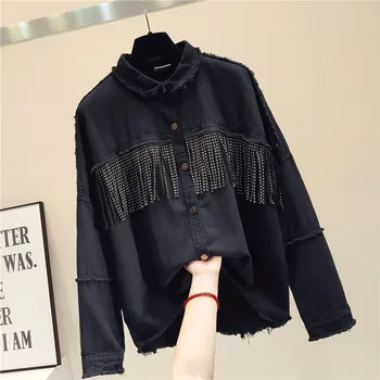 

2019 new arrivals rivels tassles denim jacket women black fashion loose outerwear long sleeve