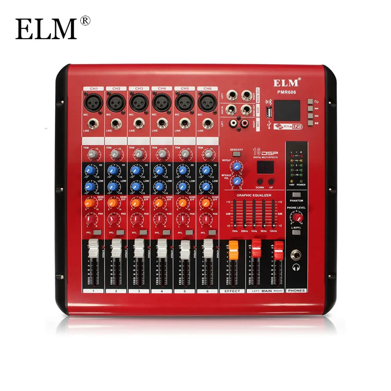 

ELM Professional Karaoke Audio Mixer Amplifier Microphone Sound Mixing Console bluetooth 6 Channel With USB 48V Phantom Power