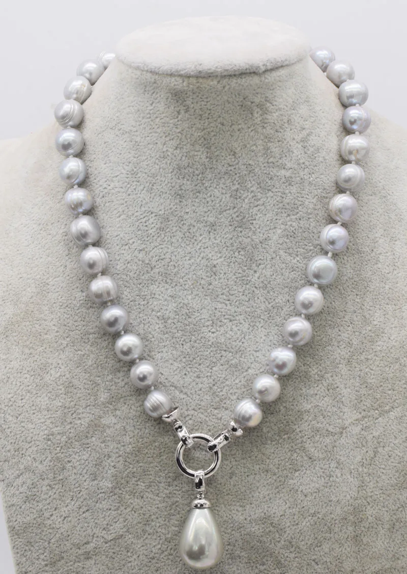 

freshwater pearl gray near round 11-12mm shell drop necklace 18inch FPPJ wholesale beads nature