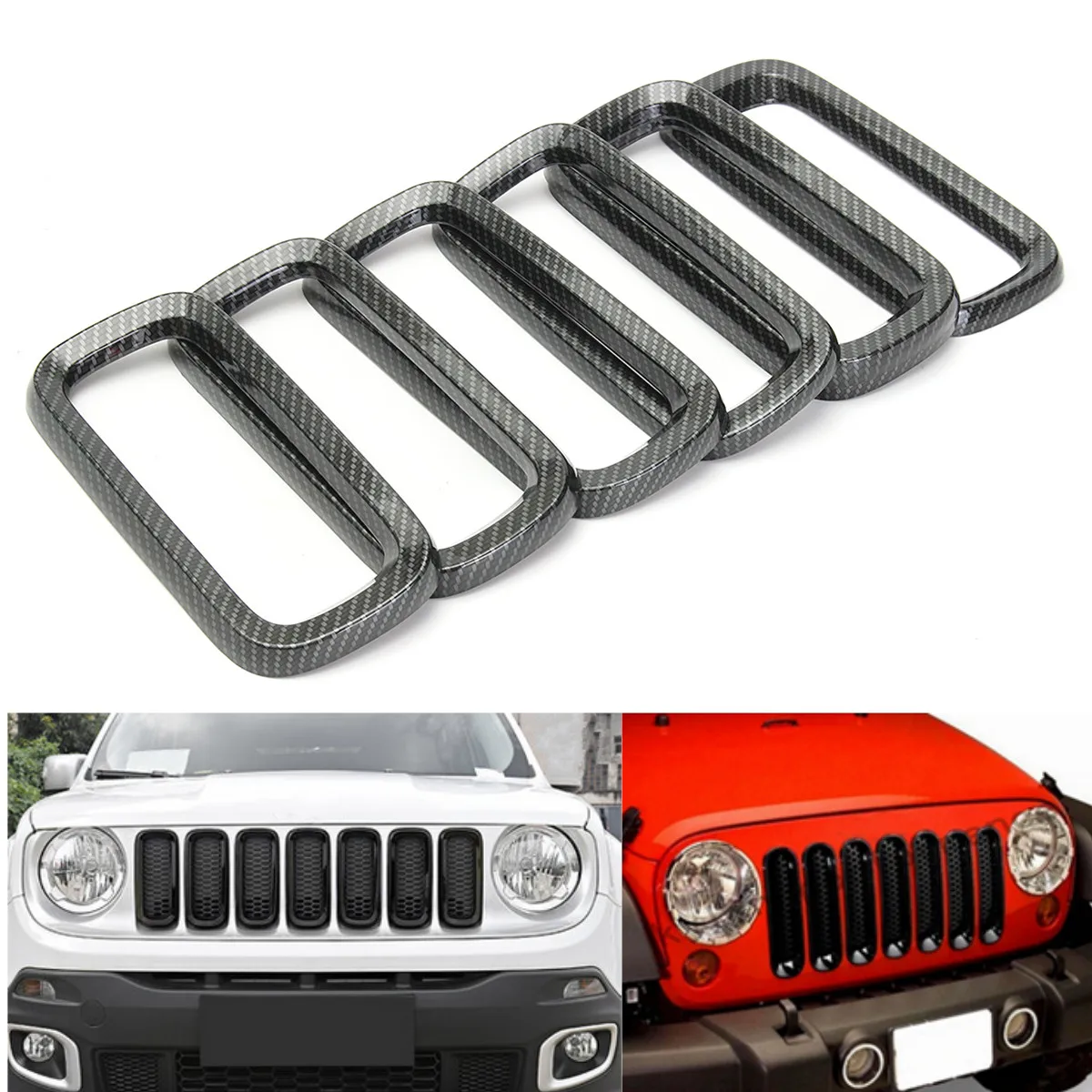 

7x Carbon Fiber Style Car Front Bumper Grille Grill Frame Trim Cover For Jeep Renegade 2015-2017 Grill Decoration Car Stickers
