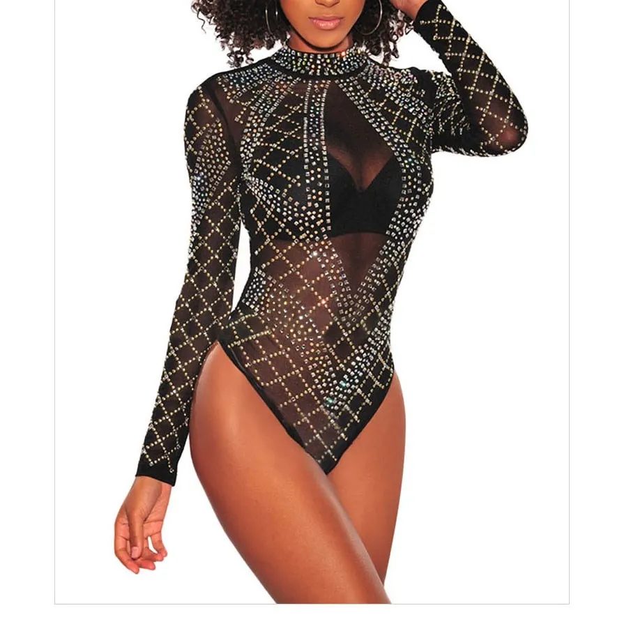 

2019 Sexy Women Mesh Bodysuit Black Rhinestone Mesh Jumpsuit Plaid See Through Club Rompers