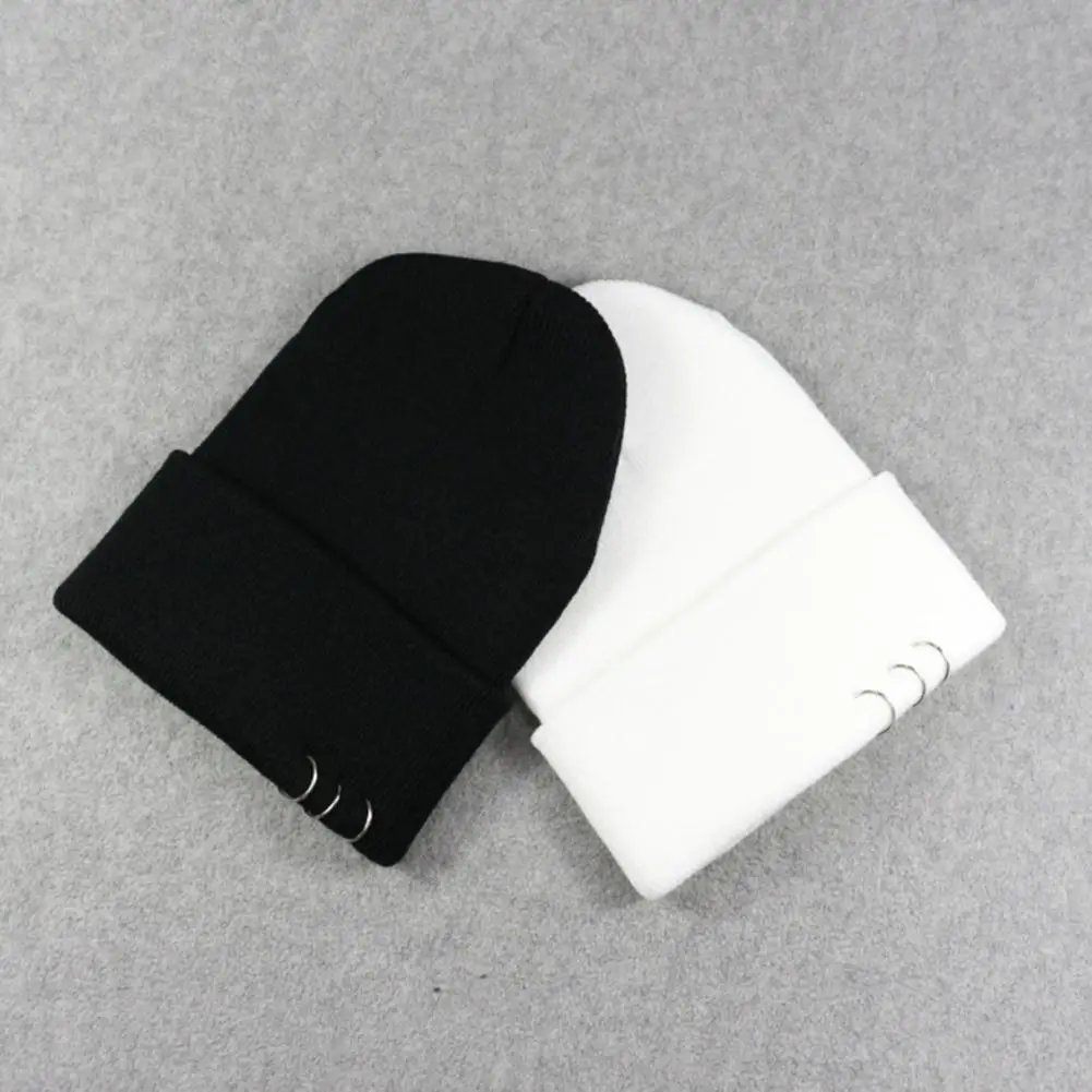 MISSKY New Winter Men/Women Beanies Knitted Cap With Metal Rings Solid Color Woolen Beanie Hat |