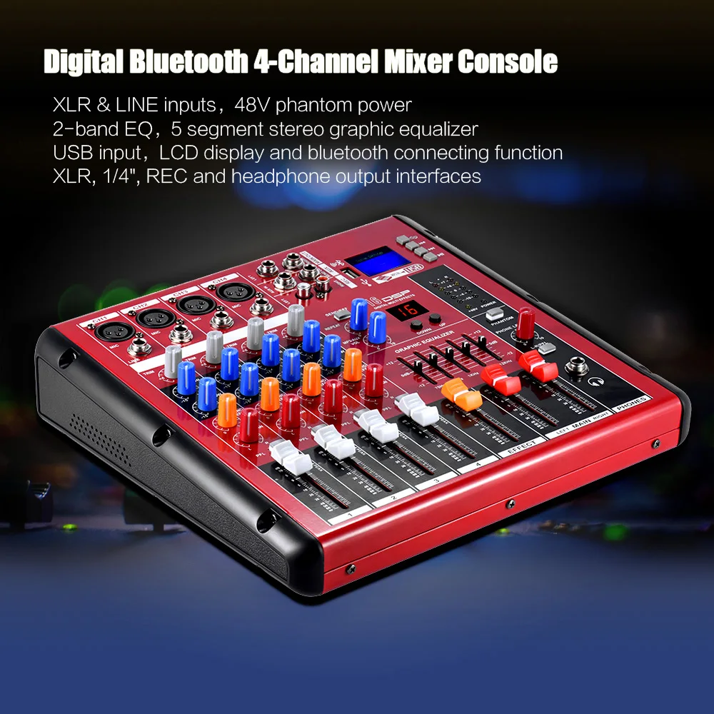 4 Channel Mini Table de Mixage Mixer USB Bluetooth Control XLR/6.3 MM Plug-in DJ Sound SMR401