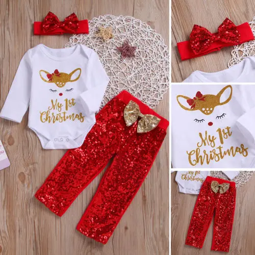 

2018 Newborn Infant Baby Girl Christmas Deer Letter Print Romper Bodysuit Tops Sequin Pants Headband 3Pcs Outfits Clothes Set