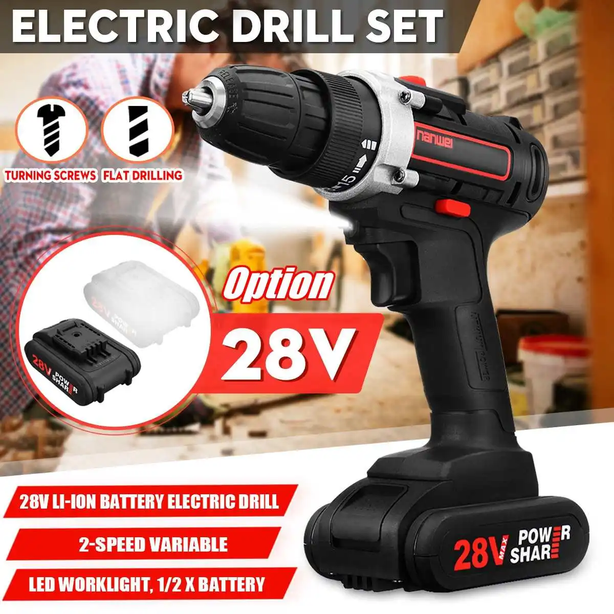 Лучший Бесплатная доставка + вспышка Deal28V Портативный беспроводная дрель шуруповерт 2 Скорость светодиодный свет 1 2 шт электрическая отвертка на б...