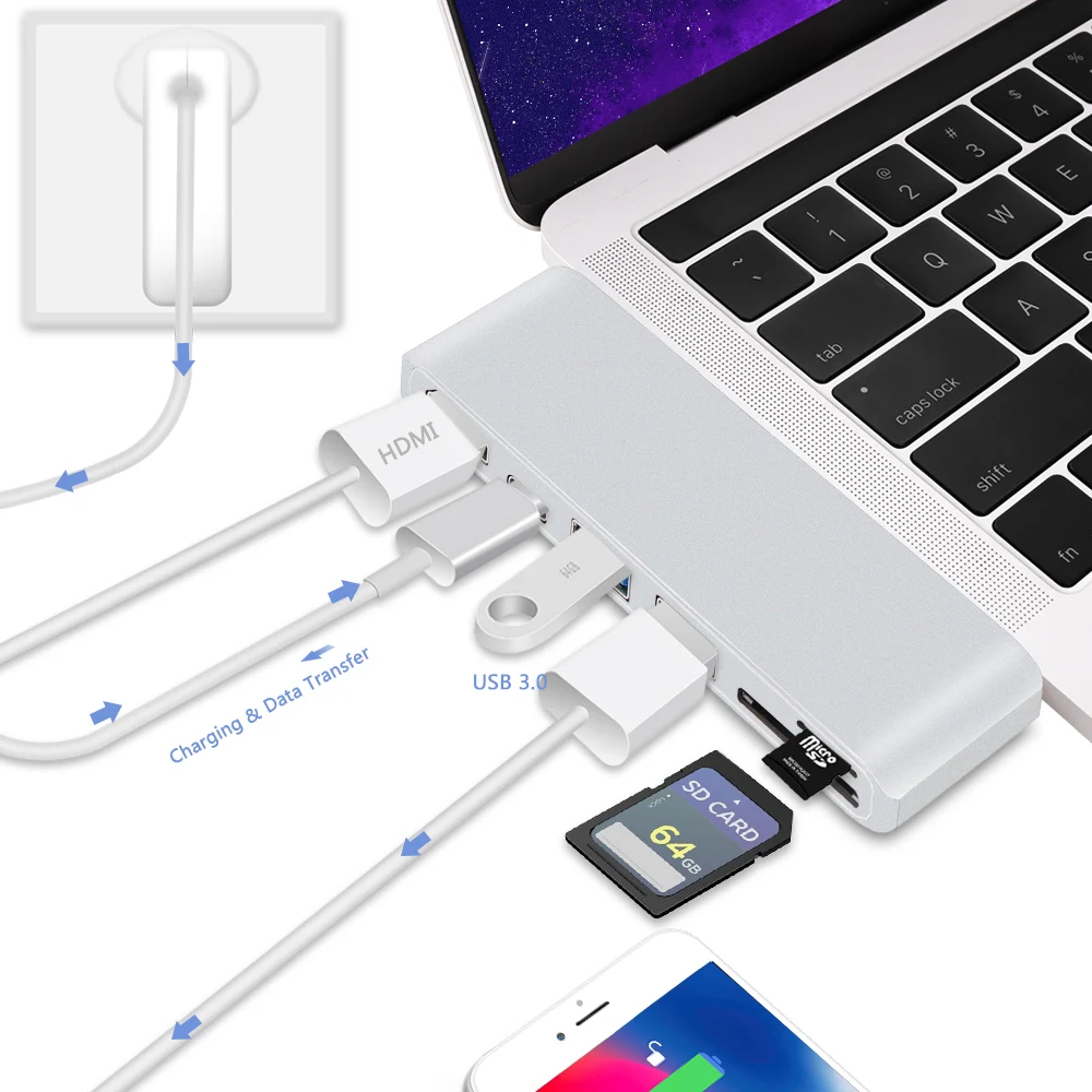 USB C Тип концентратор HDMI 4K с SD/устройство для считывания tf карт слот PD адаптер