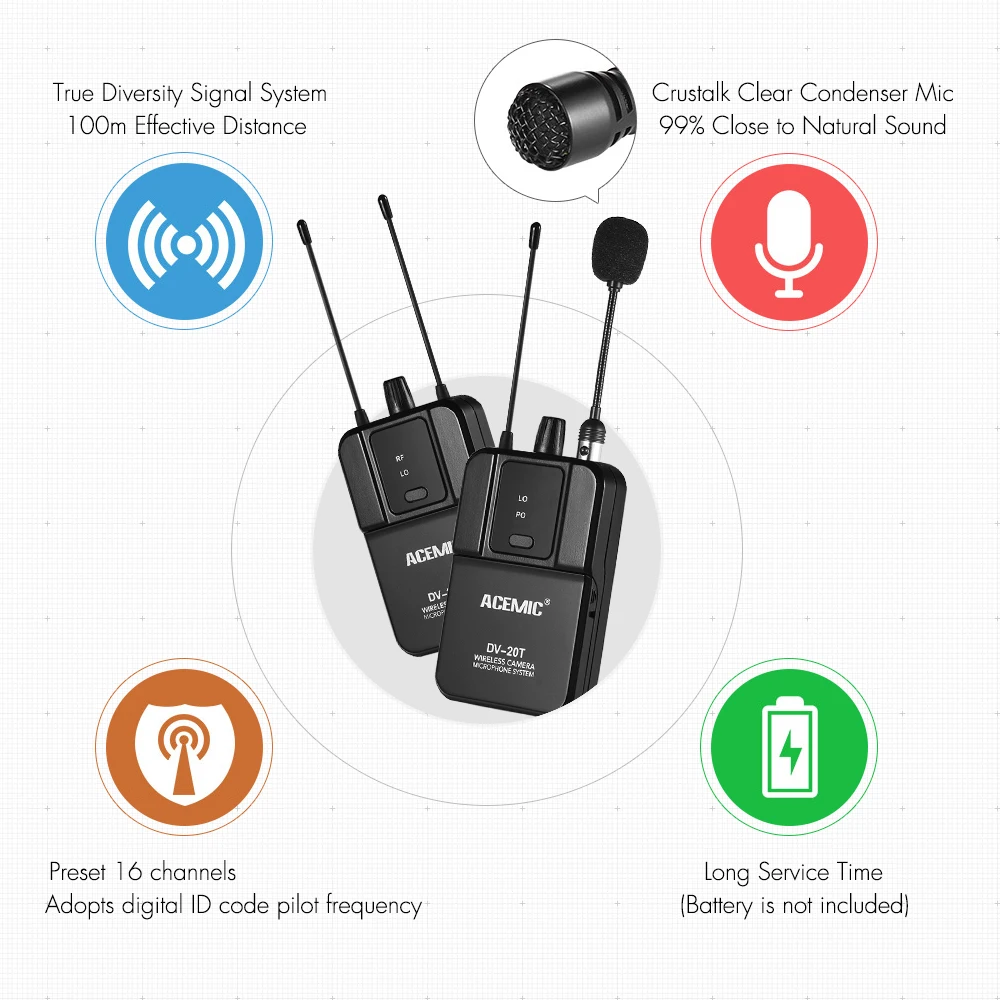 DV 20 UHF Беспроводная микрофонная система Lavalier Mic 100 м эффективный диапазон для