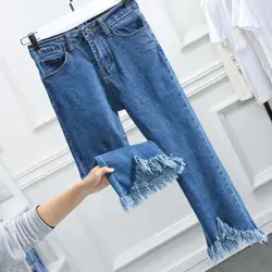 Расклешенные джинсы для женщин с высокой талией бахромой джинсовые Капри 2019 Pring лето женские брюки до середины икры джинсы плюс размер 5XL