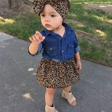 Джинсовая рубашка с длинными рукавами из 3 предметов топ и юбка с леопардовым принтом для маленьких девочек, осенняя одежда