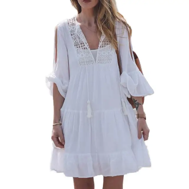 Best Price Ruffled Cover-up Bikini Flare Dress Women Summer Lace Sleeve Patchwork Crochet Beach Split 3/4 Best Price Ruffled Cover-up Bikini Flare Dress Women Summer Lace Sleeve Patchwork Crochet Beach Split 3/4