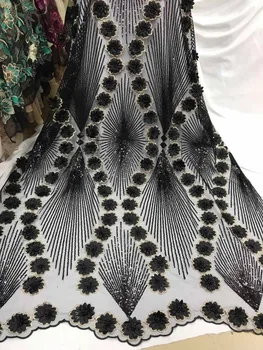 

2019 high quality 3d flowers lace applique fabric pearls embroidery beaded mesh Nigerian tulle french 3d lace fabric sequins