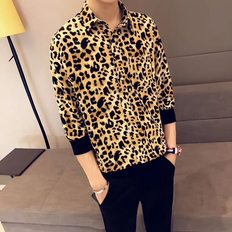 

2019 New Men's Threaded Closed Long Sleeve Shirt with Leopard Collar Printed Men's Shirt Night Club Men's Top size M-XXL